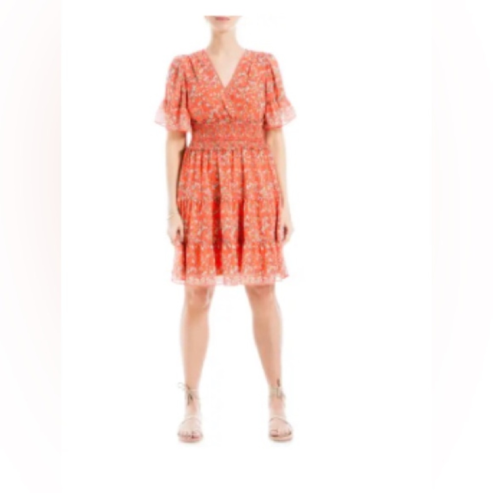 BNWT - Max Studio Georgette Ditsy Floral Print Tiered Dress, Papaya, Size L